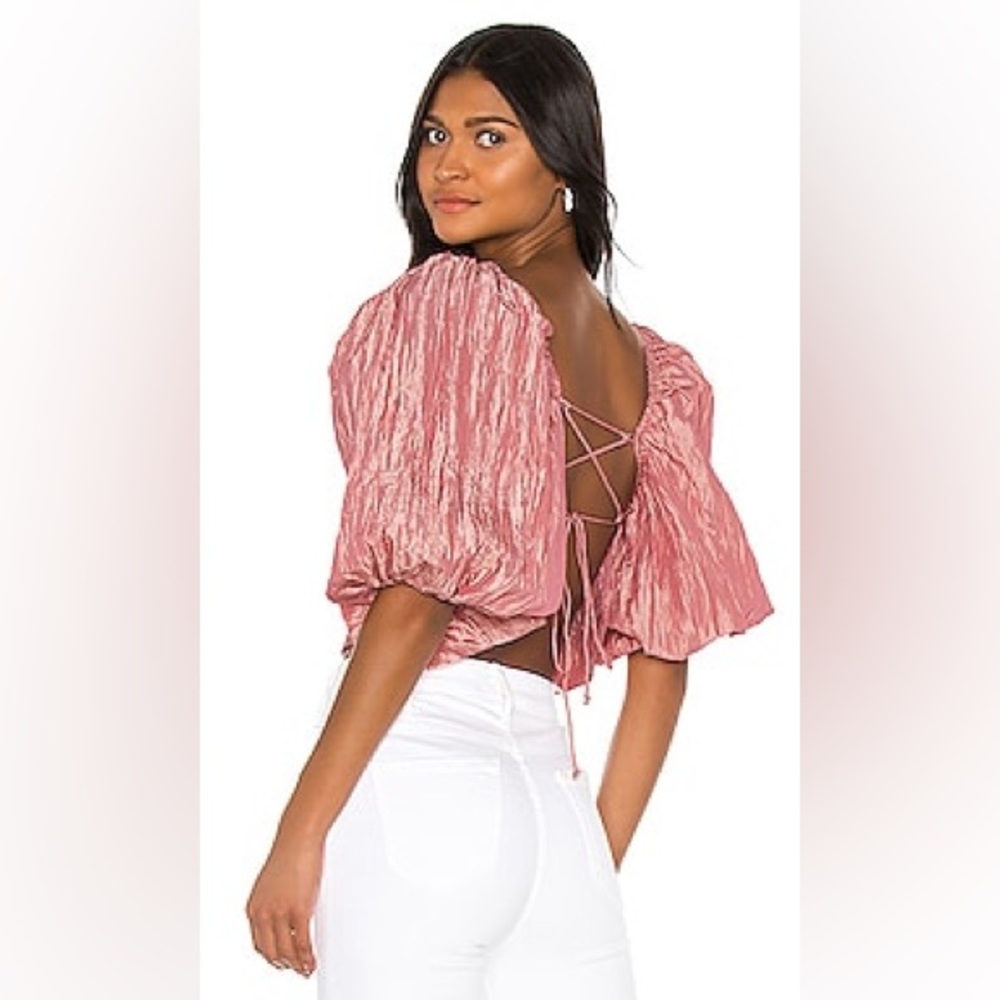 LPA Rose Pink Mary Top With Tie Back and Puff Sleeves, S